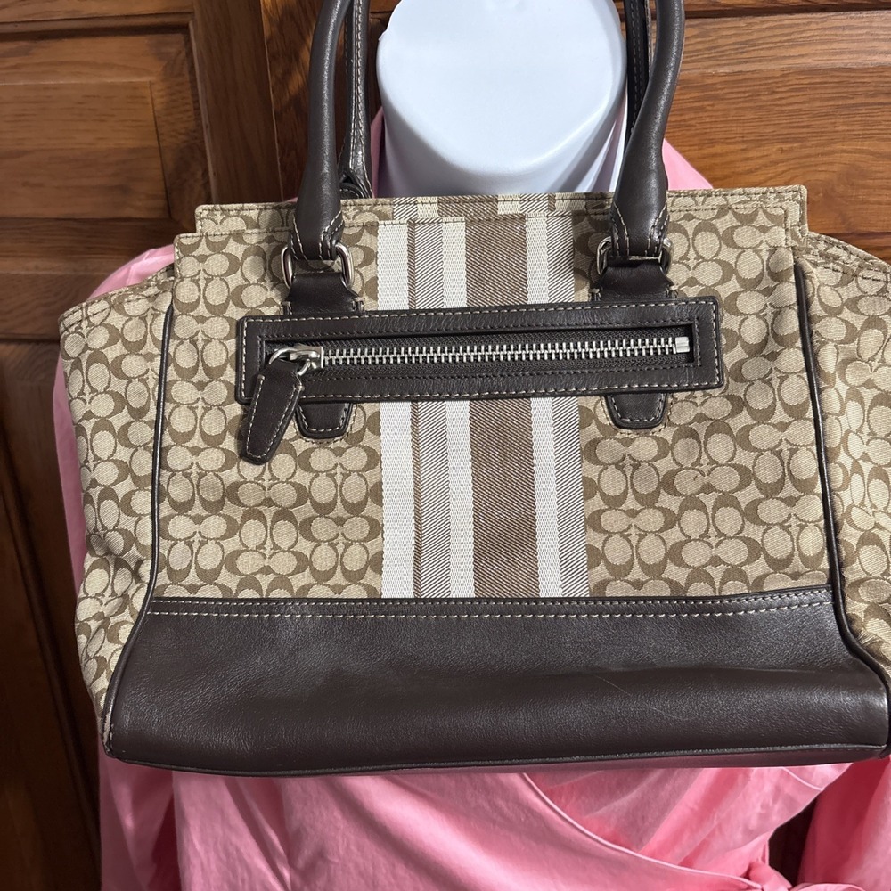Coach Candace Carry 19915 Signature Stripe Khaki Brown Canvas Leather Bag - Picture 6 of 14